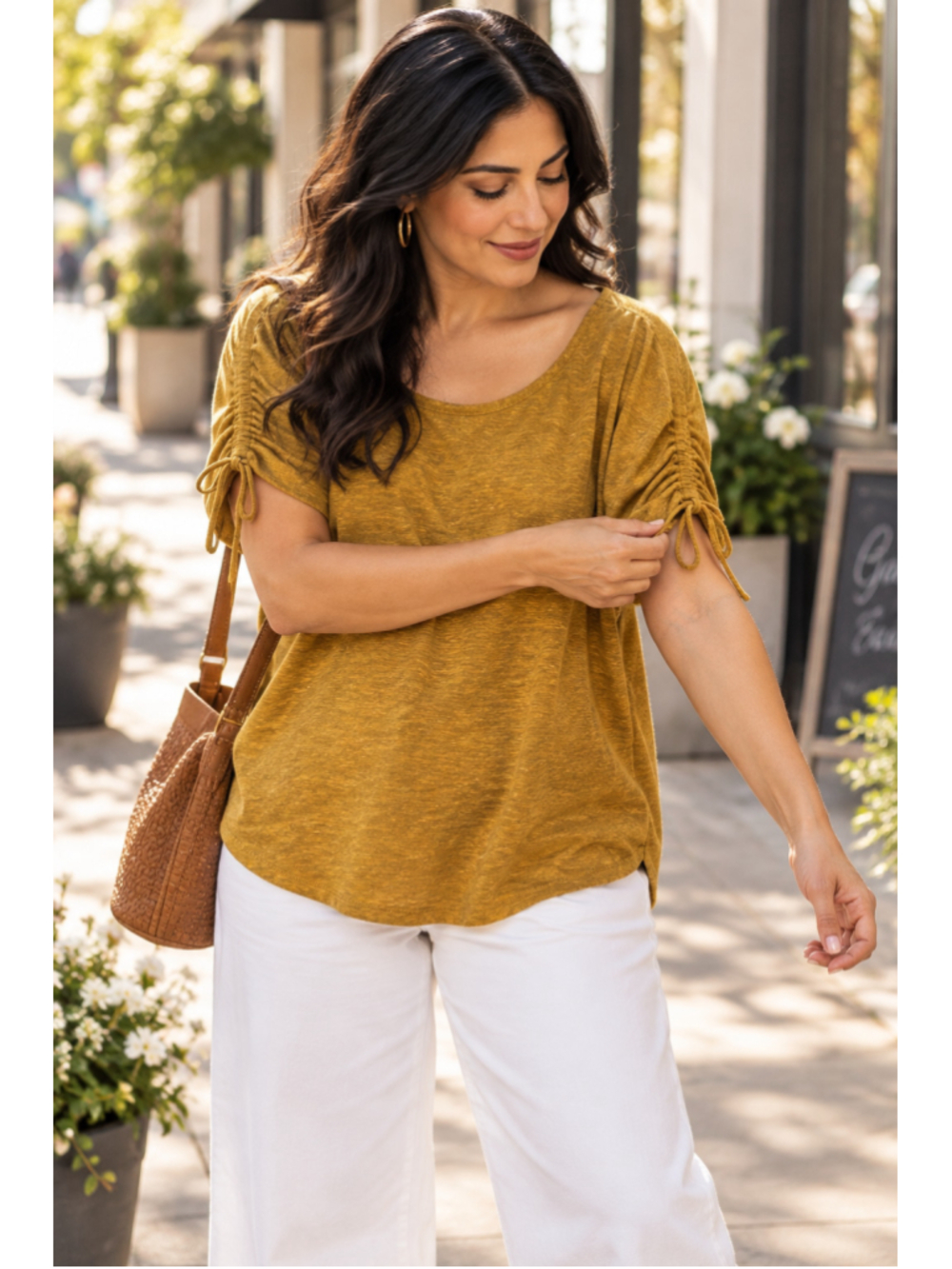 Joie Mustard Linen Tee Womens XL Drawstring Sleeve Oversized Boxy Fit Top